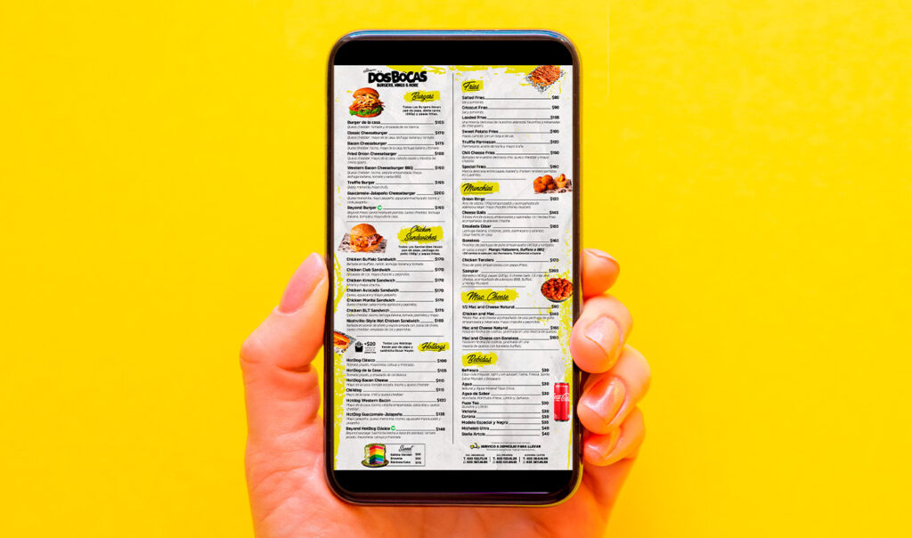 Diseño de menú para restaurante de hamburguesas Dos Bocas en Tampico, realizado por Lilián Féres Agencia Creativa