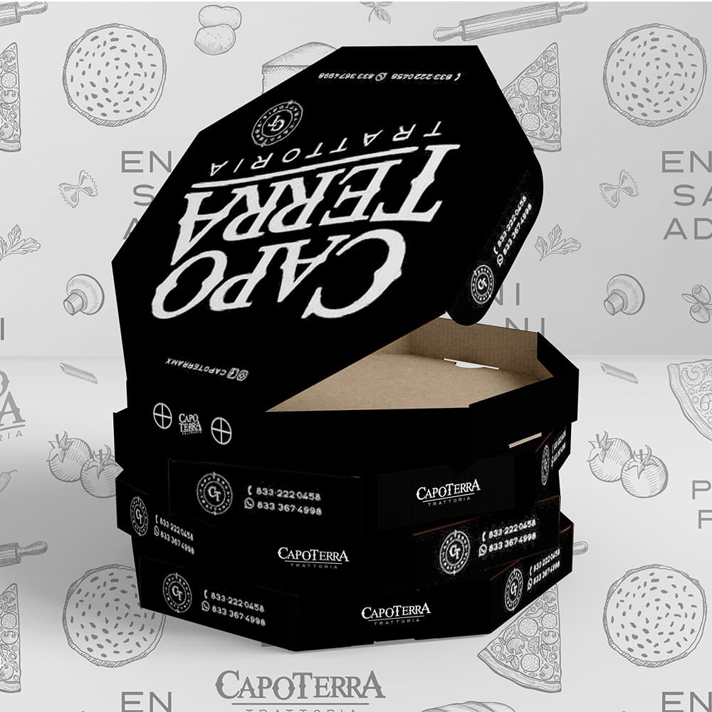 Branding, diseño logotipo, packaging, diseño caja pizza, manejo redes sociales, restaurante italiano, menu, packaging, capoterra, Lilián Féres Agencia Creativa