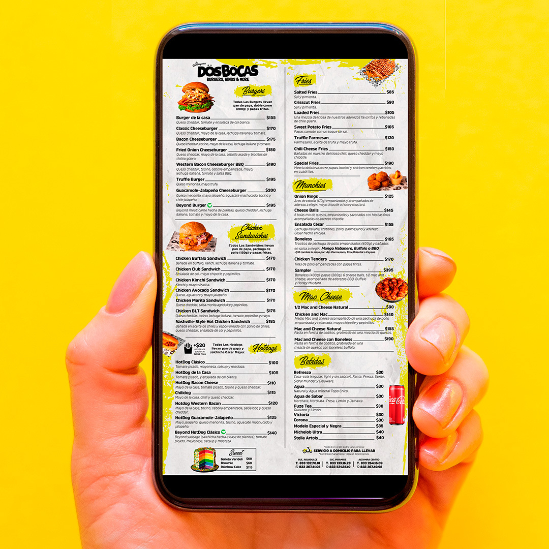Diseño de menú para restaurante de hamburguesas Dos Bocas en Tampico, realizado por Lilián Féres Agencia Creativa