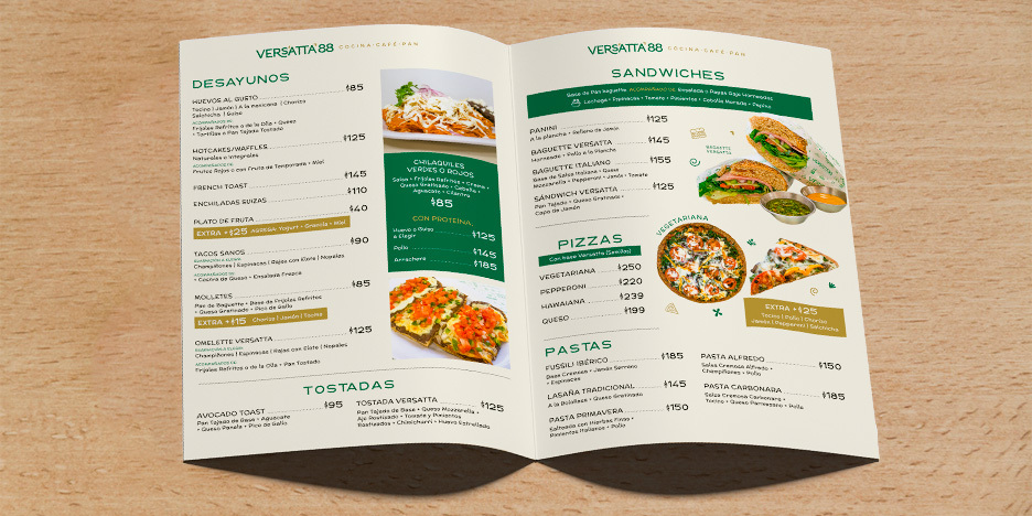 Diseño de menú para restaurante, cafetería y panadería Versatta88 en Tampico realizado por Lilián Féres Agencia Creativa
