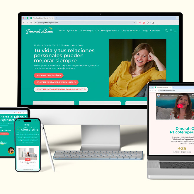 Diseño de página web, e-Commerce y plataforma e-Learning para la Psicóloga Dinorah García, desarrollado por Lilián Féres Agencia Creativa.