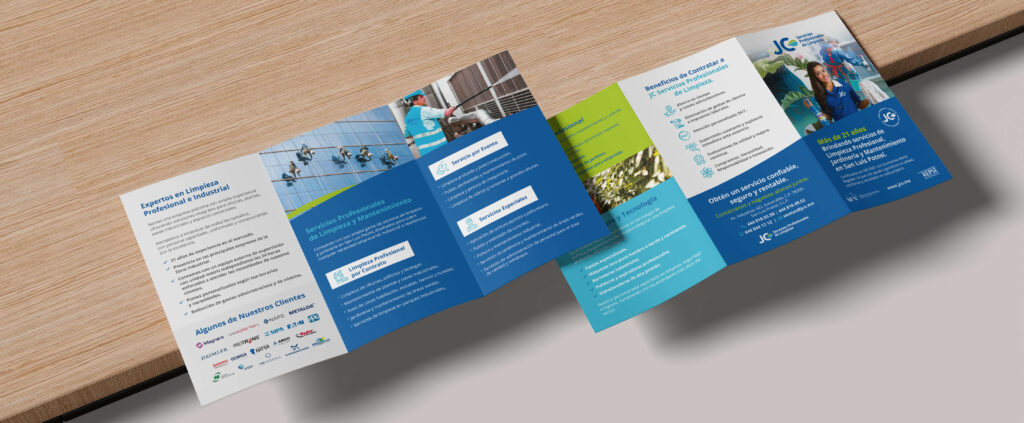 Rediseño de logotipo e identidad visual para JC Servicios Profesionales de Limpieza en San Luis Potosí con diseño de tríptico corporativo profesional